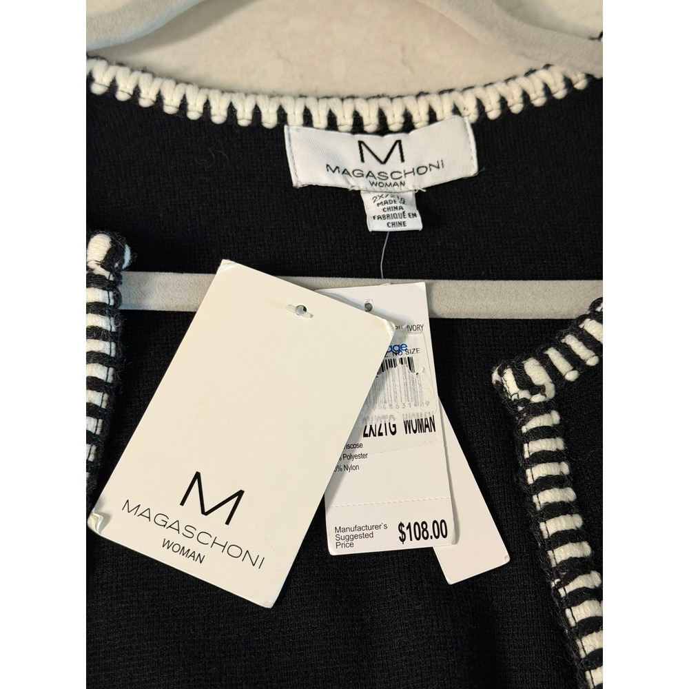 Magaschoni Woman Black Ivory Whipstitch Trim Open Front Cardigan Sweater 2X NWT - Picture 3 of 4